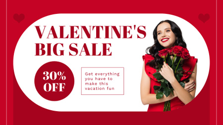 Big Valentine's Day Sale with Woman with Red Roses FB event cover Design Template