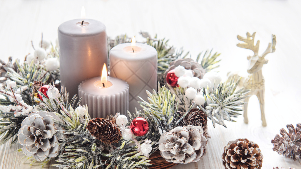 Christmas Decor with Fir Wreath and Deer Figurine Zoom Background – шаблон для дизайну