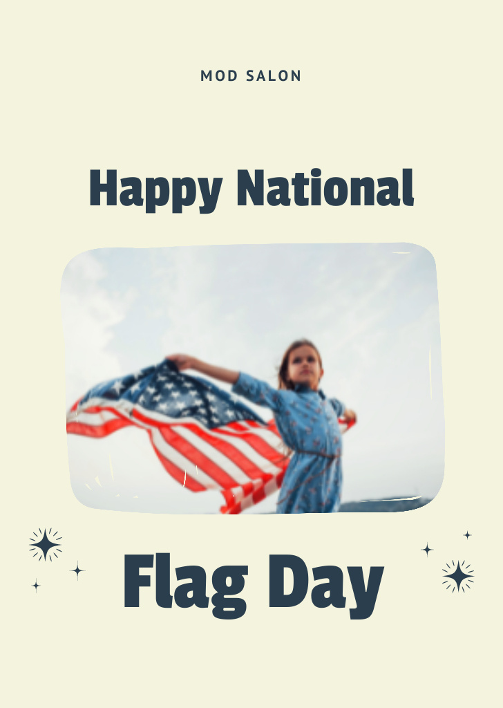 Template di design USA National Flag Day Greeting with Woman Postcard A6 Vertical