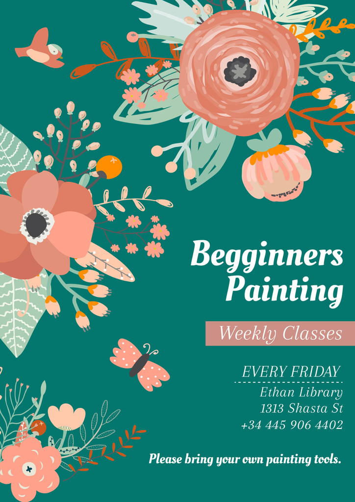 Modèle de visuel Painting Classes with Flowers Drawing - Poster