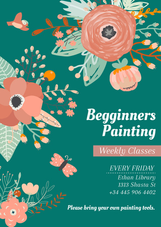 Painting Classes Ad with Tender Flowers Drawing Poster – шаблон для дизайну