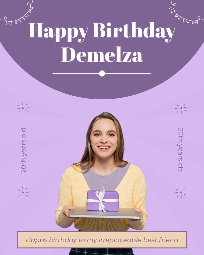 Template di design Happy Birthday Young Woman on Purple Instagram Post Vertical