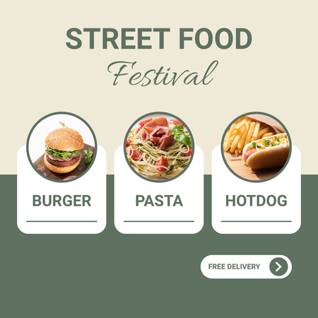 Street Food Festival Announcement with Tasty Burgers and Pasta Instagram Design Template