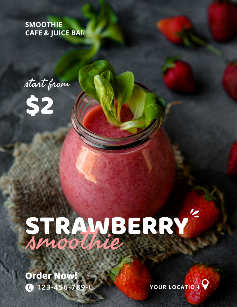 Ontwerpsjabloon van Poster 8.5x11in van Yummy Strawberry Smoothie Offer In Cafe