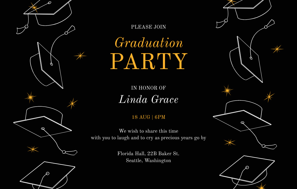 Graduation Party Announcement with Academic Caps on Black Invitation 4.6x7.2in Horizontal Design Template