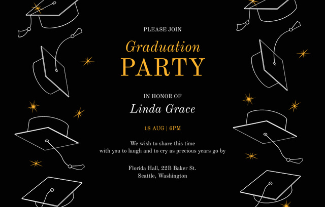 Graduation Party Announcement with Academic Caps on Black Invitation 4.6x7.2in Horizontalデザインテンプレート