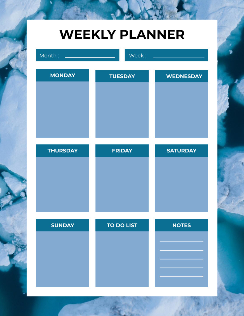 Minimalist Weekly Notes with Blue Ice Texture Notepad 8.5x11in Tasarım Şablonu