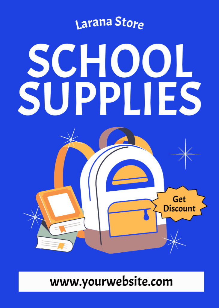 School Supplies Sale Announcement with Backpack on Blue Flayer Tasarım Şablonu