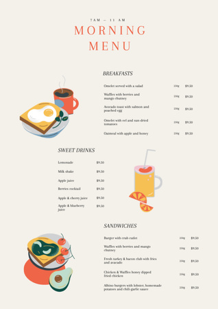 Breakfast Price-List with Illustration of Food Menu tervezősablon