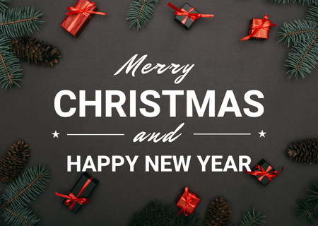 Plantilla de diseño de Regalos de felicitación de Navidad y año nuevo y conos de pino Postcard 