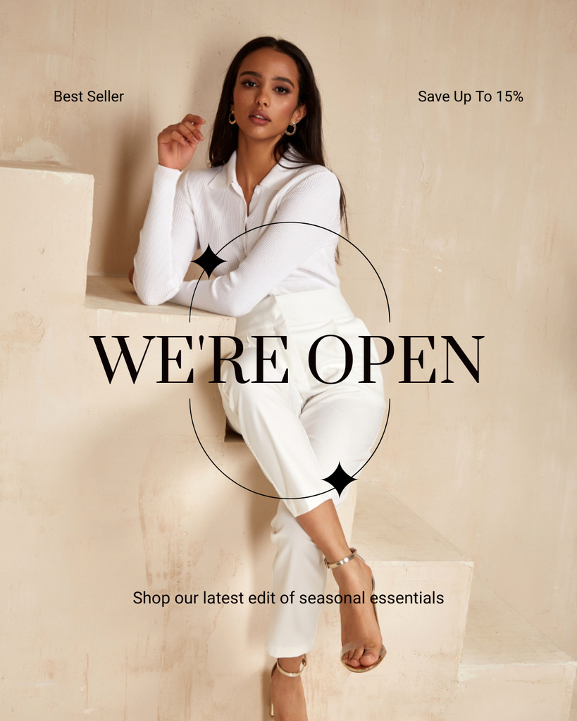 Fashion Store Opening Announcement with Stylish Model Instagram Post Vertical tervezősablon