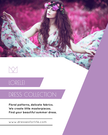 Fashion Ad with Woman in Floral Dress and Wreath Poster 16x20in – шаблон для дизайна
