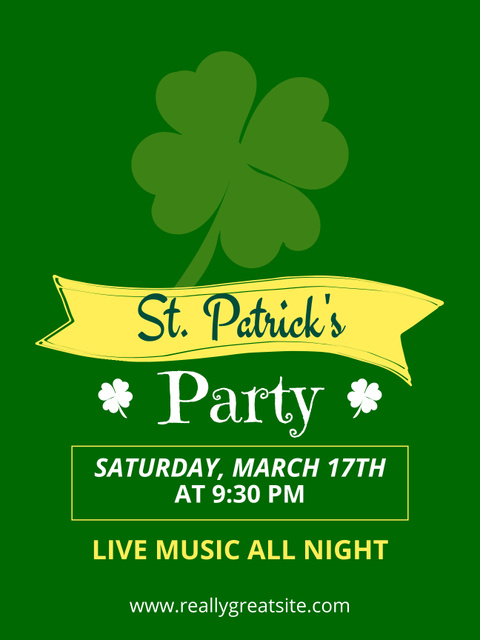 St. Patrick's Day Party Announcement with Clover Leaf Poster US Šablona návrhu