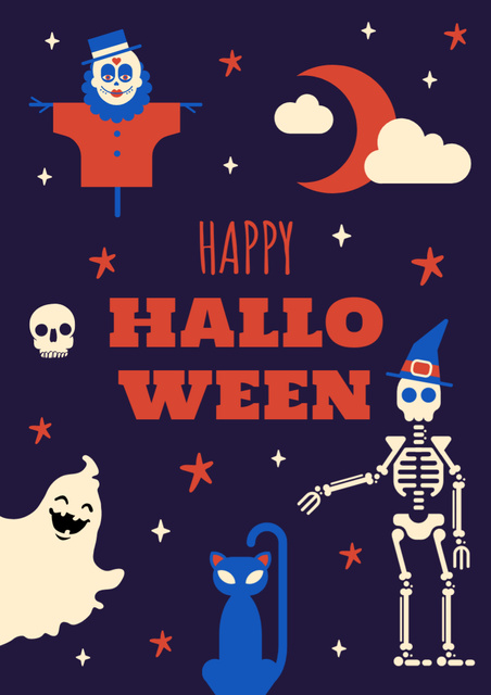 Halloween Holiday Greeting with Funny Characters Poster A3 Design Template