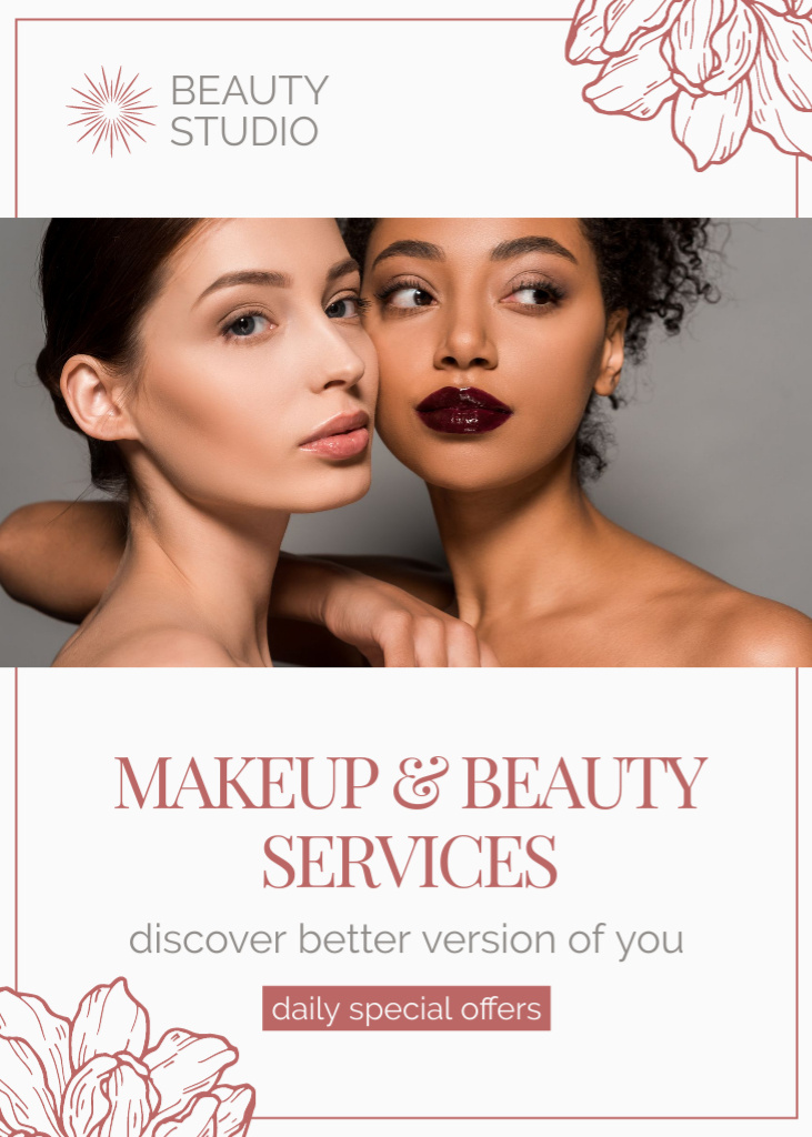 Makeup and Beauty Services Offer with Attractive Young Women Flayer Modelo de Design