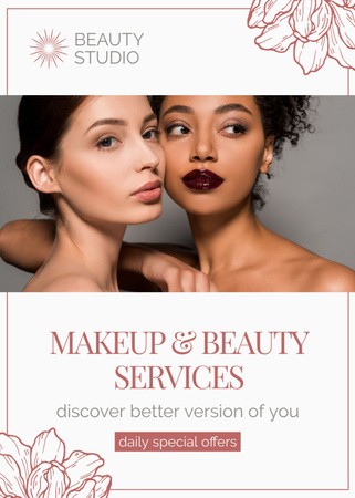 Plantilla de diseño de Oferta de Servicios de Maquillaje y Belleza con Mujeres Jóvenes Atractivas Flayer 