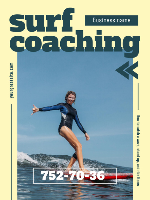 Plantilla de diseño de Offer of Surf Coaching with Woman on Surfboard Poster US 