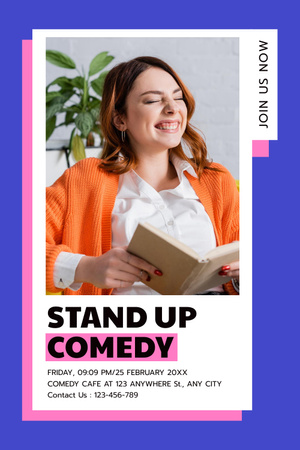 Evento de comédia stand-up com mulher sorridente e livro Pinterest Modelo de Design