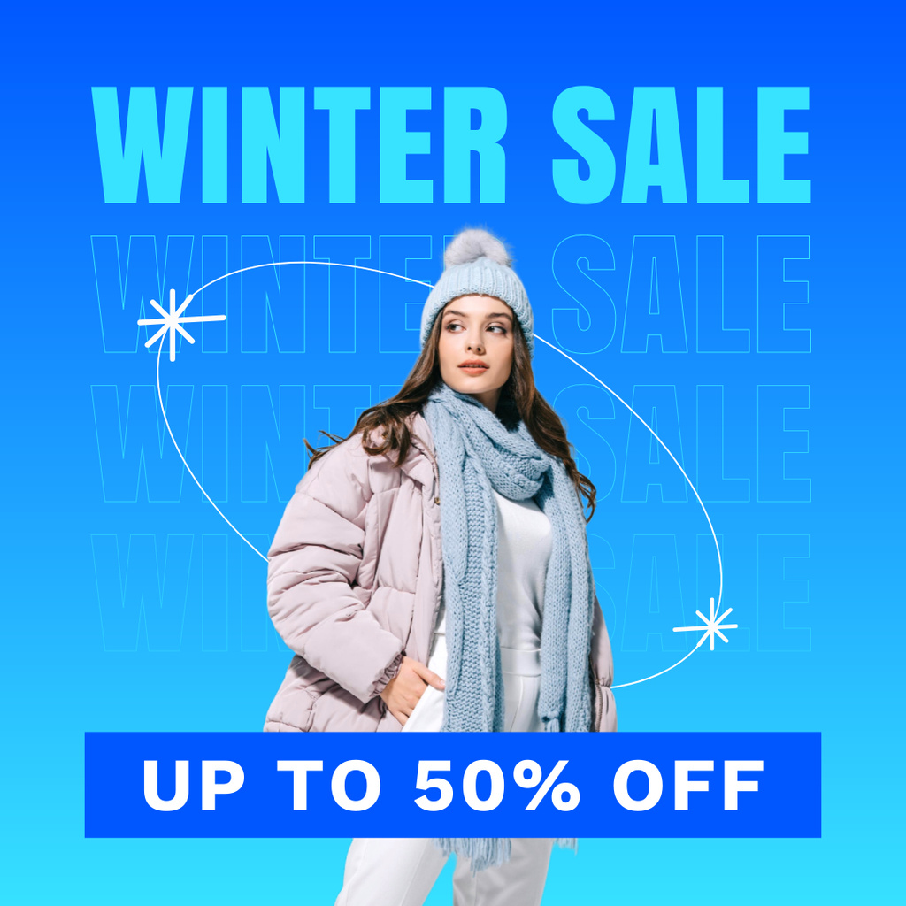 Winter Sale Announcement with Attractive Woman on Gradient Instagram Πρότυπο σχεδίασης