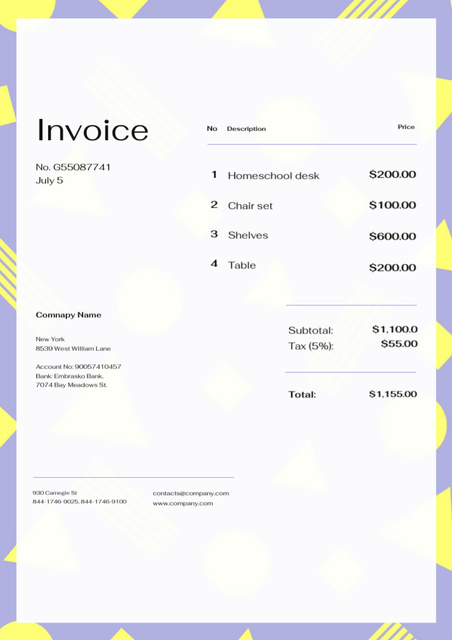 Price List for Student Equipment Invoice Design Template