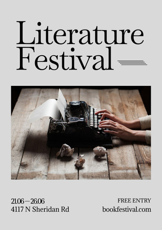 Literary Festival Announcement with Writer at Typewriter Poster Design Template