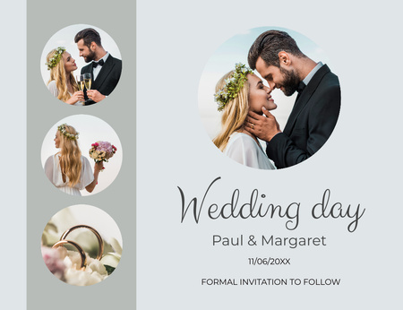 Designvorlage Hochzeitstag-Ankündigung mit Collage aus glücklichem Ehepaar für Thank You Card 5.5x4in Horizontal