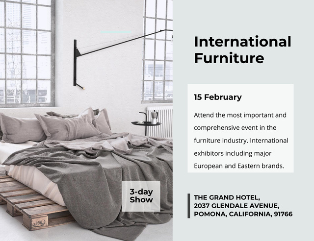 Ontwerpsjabloon van Invitation 13.9x10.7cm Horizontal van International Furniture Show With Bedroom Interior