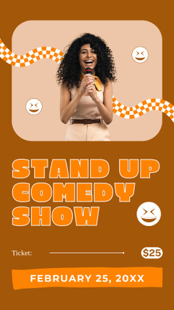 Stand-up vígjáték-show hirdetés mosolygó fiatal nővel, mikrofonnal Instagram Story tervezősablon