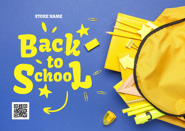 Back to School Ad with Yellow Stationery and Backpack Card tervezősablon