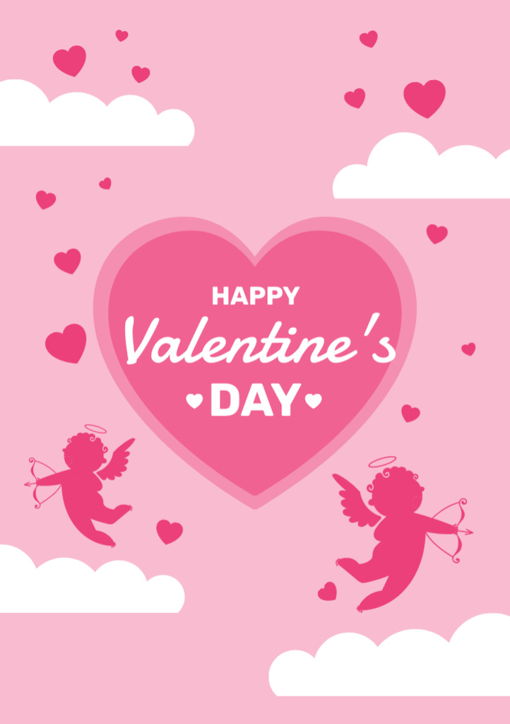 Cute Valentine's Day Greeting with Heart and Cupids Postcard A5 Vertical – шаблон для дизайна