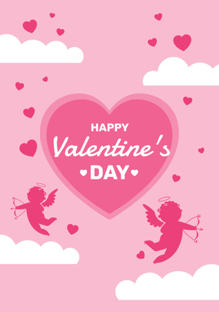 Designvorlage Cute Valentine's Day Greeting with Heart and Cupids für Postcard A5 Vertical