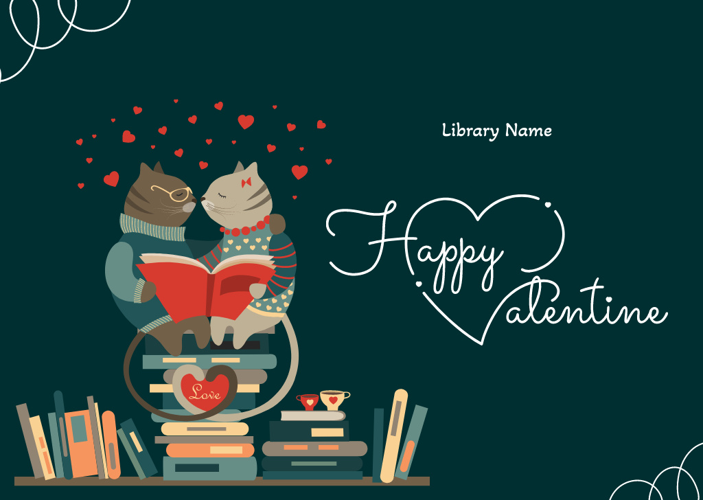 Happy Valentines Day with Cats in Love Reading Book Card Tasarım Şablonu