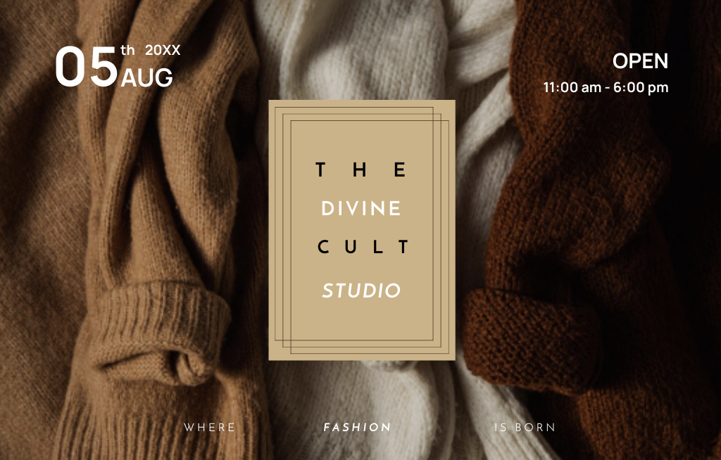 Ontwerpsjabloon van Invitation 4.6x7.2in Horizontal van Fashion Studio Opening With Cozy Sweaters