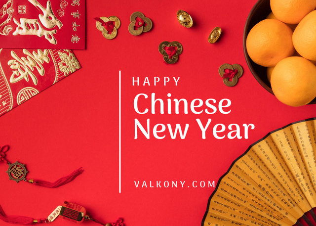 Chinese New Year Greeting With Traditional Asian Symbols Postcard 5x7in Πρότυπο σχεδίασης