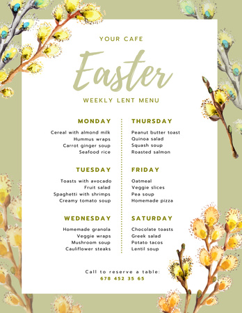 Offer of Easter Meals with Pussy Willow Twigs on Green Menu 8.5x11in Design Template