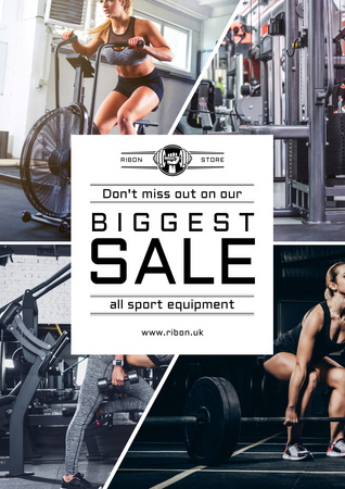 Sports Equipment Sale with People in Gym Poster A3デザインテンプレート