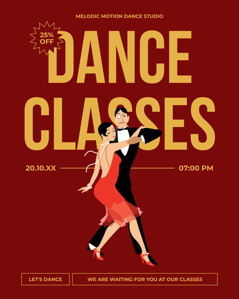 Dance Classes Ad with Elegant Couple Instagram Post Vertical Design Template