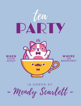 Tea Party Announcement with Cat Invitation 13.9x10.7cm Design Template