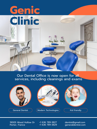Mukavat hammaslääkäripalvelut klinikalla kuvauksella Poster US Design Template