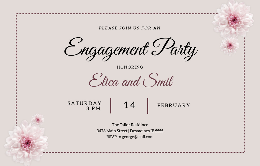 Engagement Party Announcement With Flowers on Grey Invitation 4.6x7.2in Horizontal Design Template