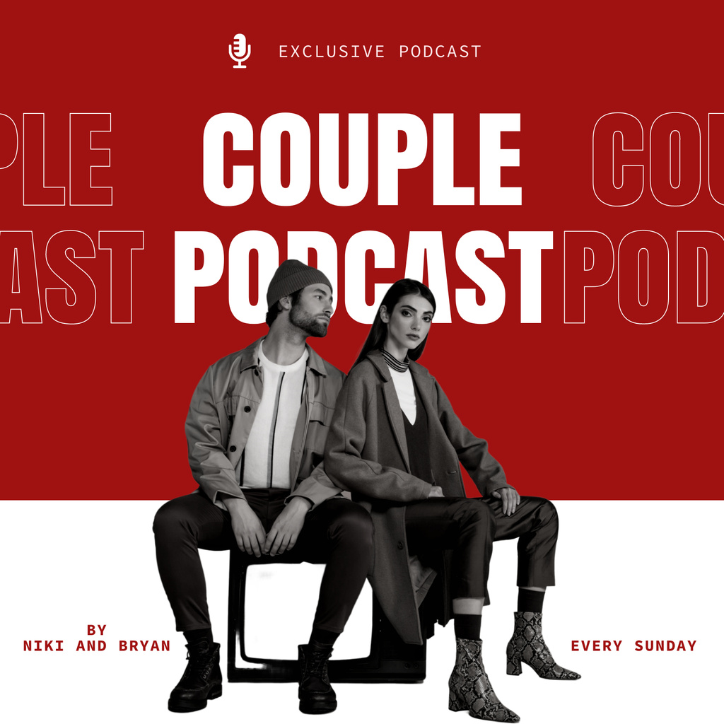 Talk Show Announcement with Couple In Red Podcast Cover Tasarım Şablonu