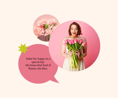 Platilla de diseño Happy Woman holding Flowers Bouquet Facebook