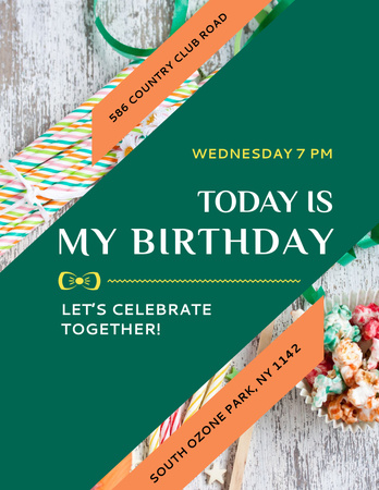 Birthday Party Celebration Invitation with Bows and Ribbons Flyer 8.5x11in Modelo de Design