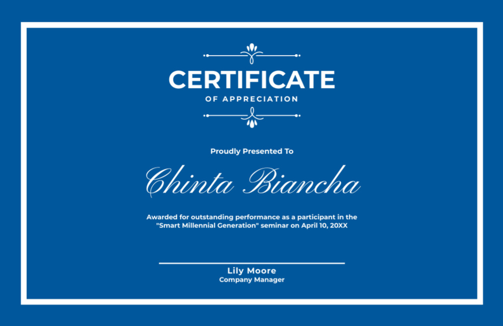 Appreciation for Performance in Blue Certificate 5.5x8.5in Šablona návrhu