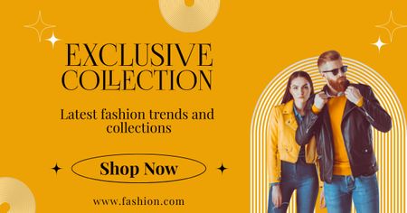 Exclusive Collection Announcement with Stylish Couple in Leather Jackets Facebook AD Design Template