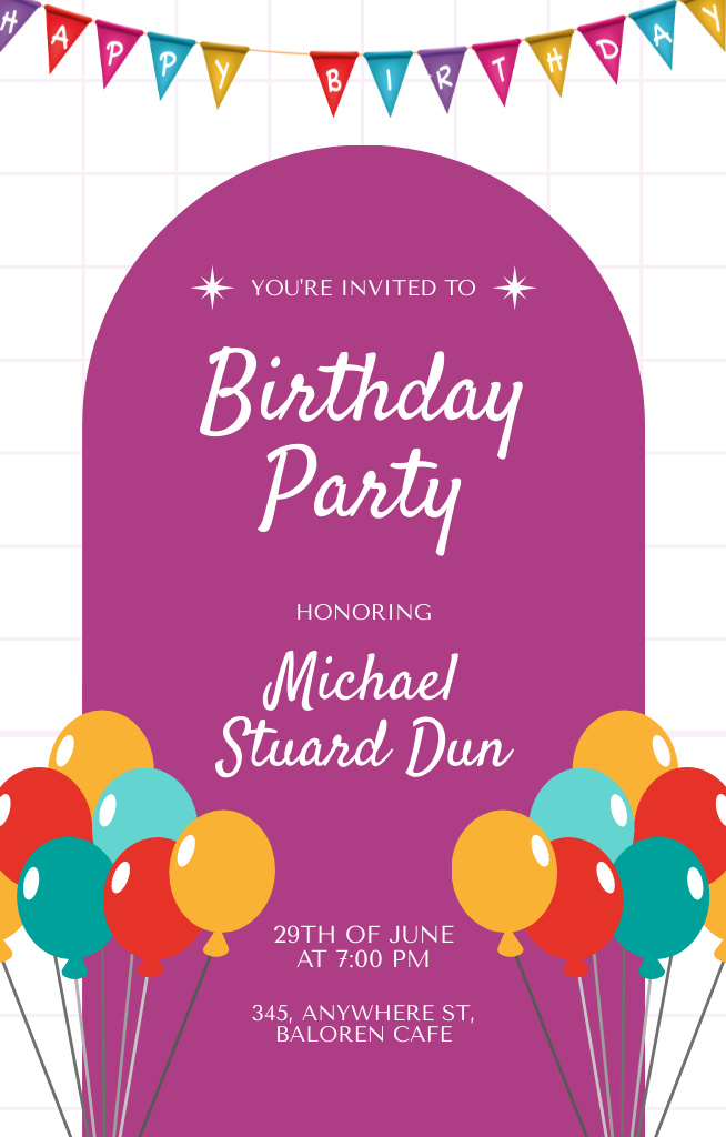 Birthday Party Announcement on Violet Invitation 4.6x7.2in Design Template