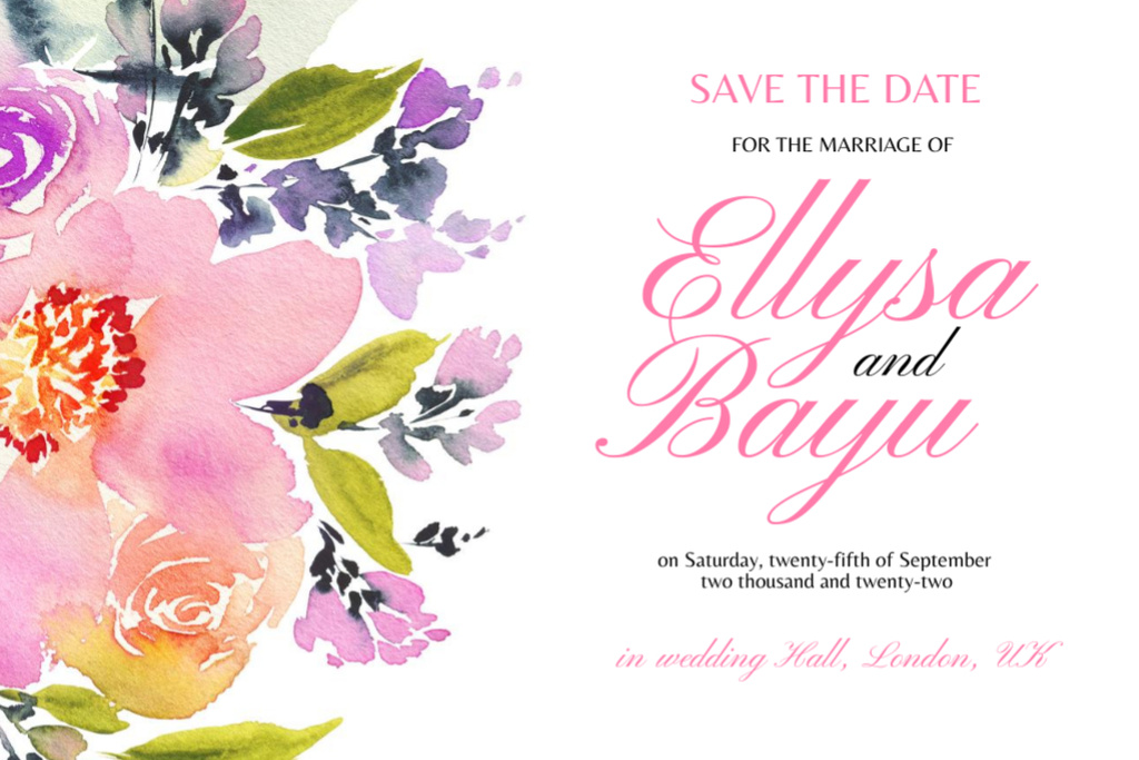 Szablon projektu Wedding Event Announcement With Watercolor Bouquet Postcard 4x6in