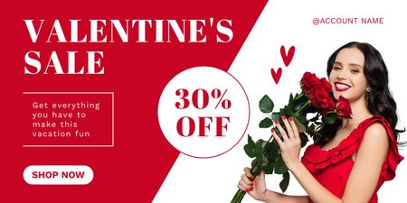 Valentine's Day Discount with Beautiful Woman with Red Roses Twitter Design Template