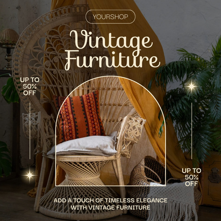 Vintage bútorok kedvezményes ajánlatokkal és dekorációval Instagram AD tervezősablon