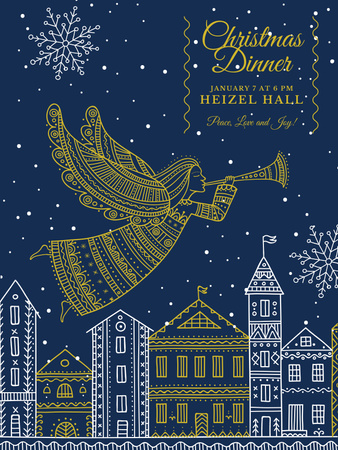 Christmas Dinner Invitation Angel Flying over City Poster US Design Template